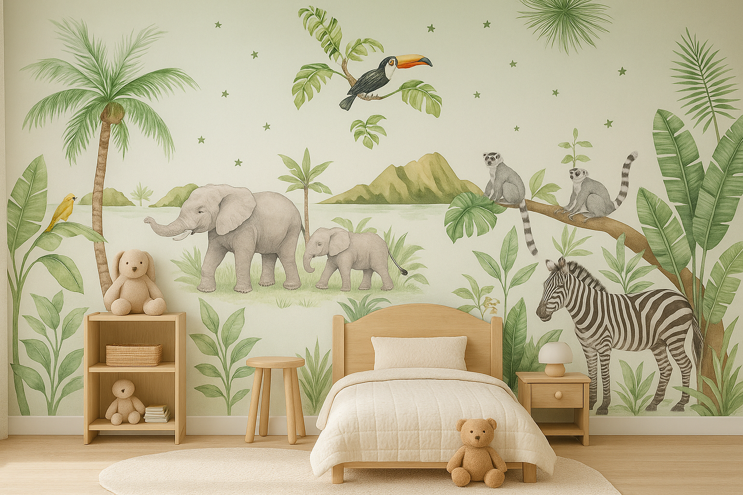 Watercolour Tropical Jungle Animals Nursery Mural