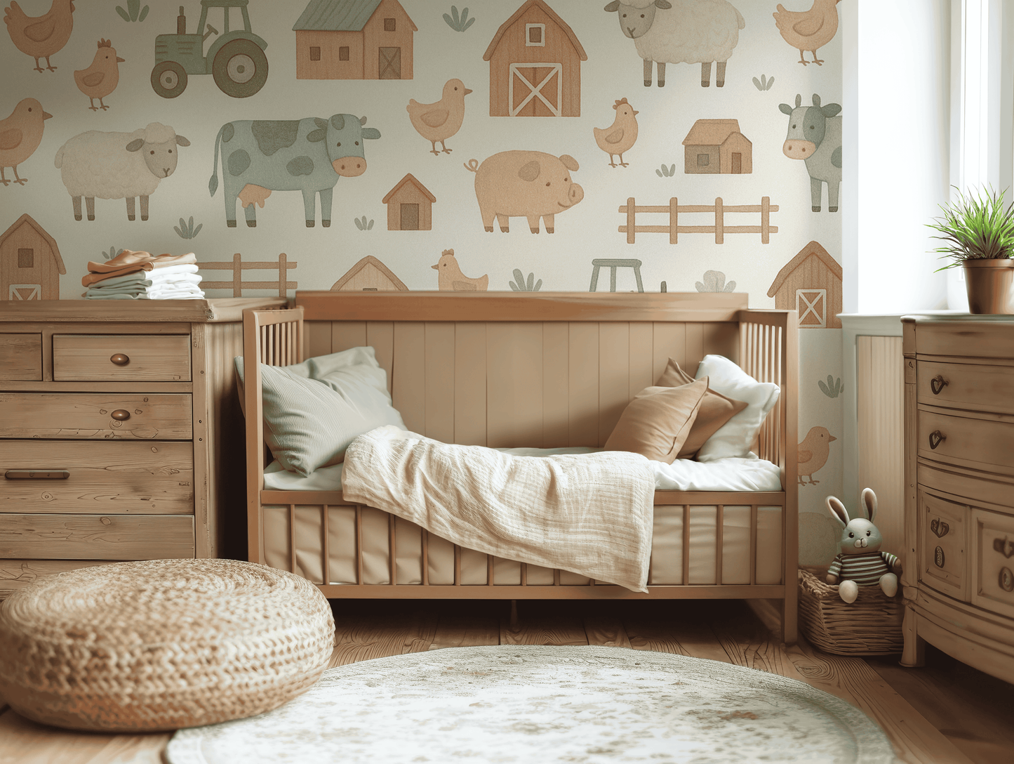 Nursery room with wooden crib, dresser, and farm-themed wallpaper.