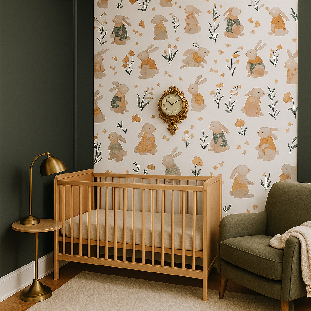 Whimsical bunny nursery mural wallpaper featuring hand-painted rabbits, pastel florals, and woodland elements, styled in a nursery with natural wood crib.