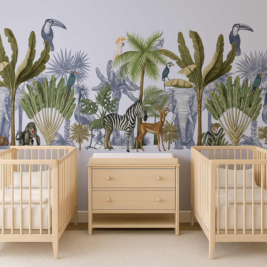 Neutral jungle nursery mural wallpaper featuring illustrated palm trees, tropical leaves, and exotic animals including zebra, antelope, monkey, parrots, toucans, and elephants. Styled in a twin nursery with two wooden cribs and neutral changing unit.