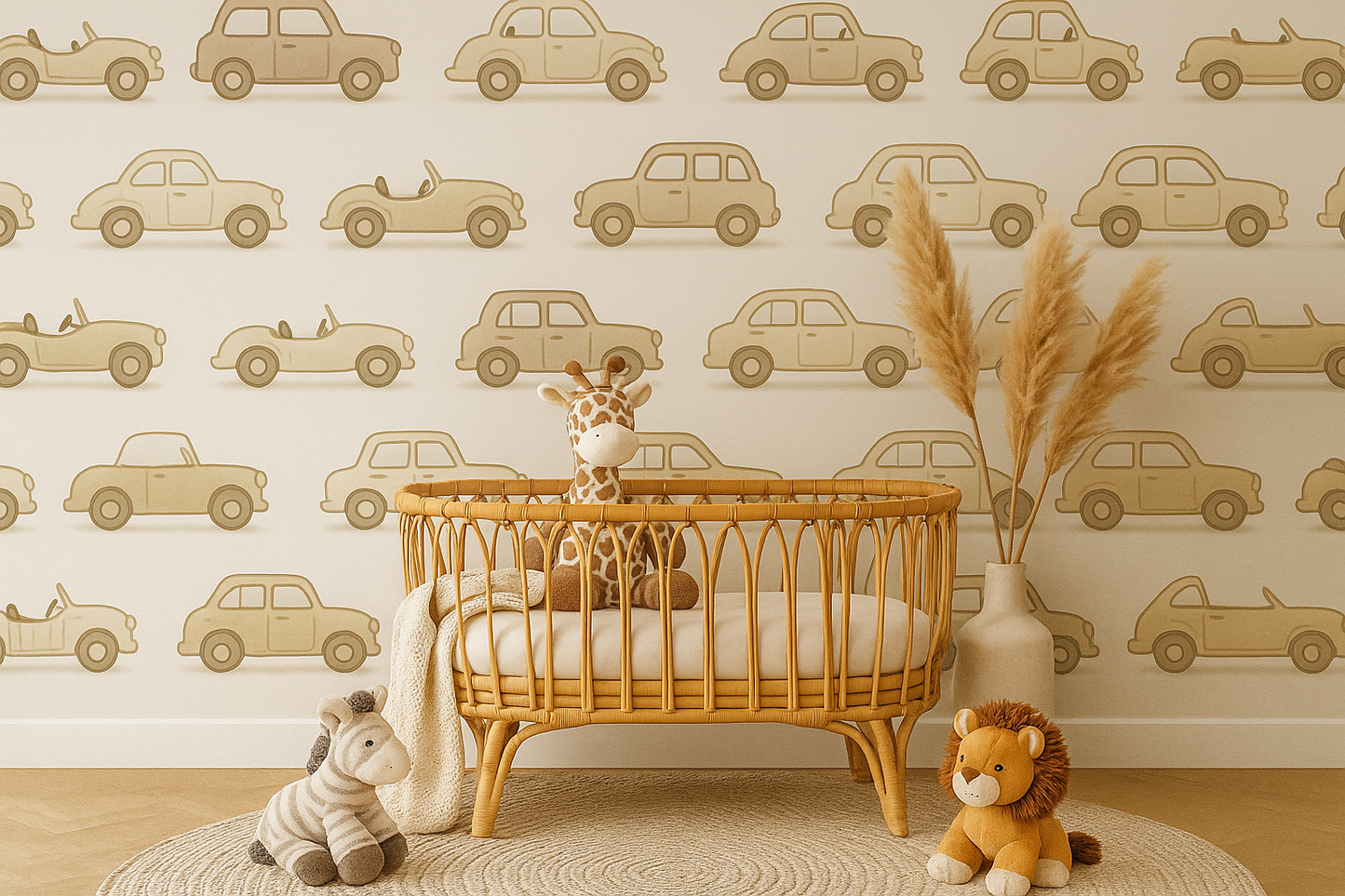 Beige Vintage Car Mural Wallpaper – Neutral Boys Nursery Feature Wall