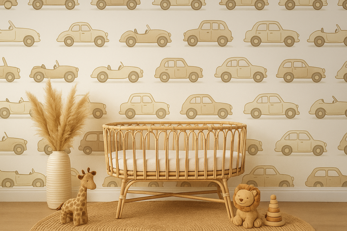Beige Vintage Car Mural Wallpaper – Neutral Boys Nursery Feature Wall