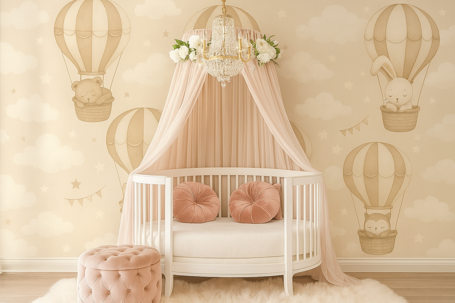 Nursery room with white crib, pink ottoman, and hot air balloon wall decor.