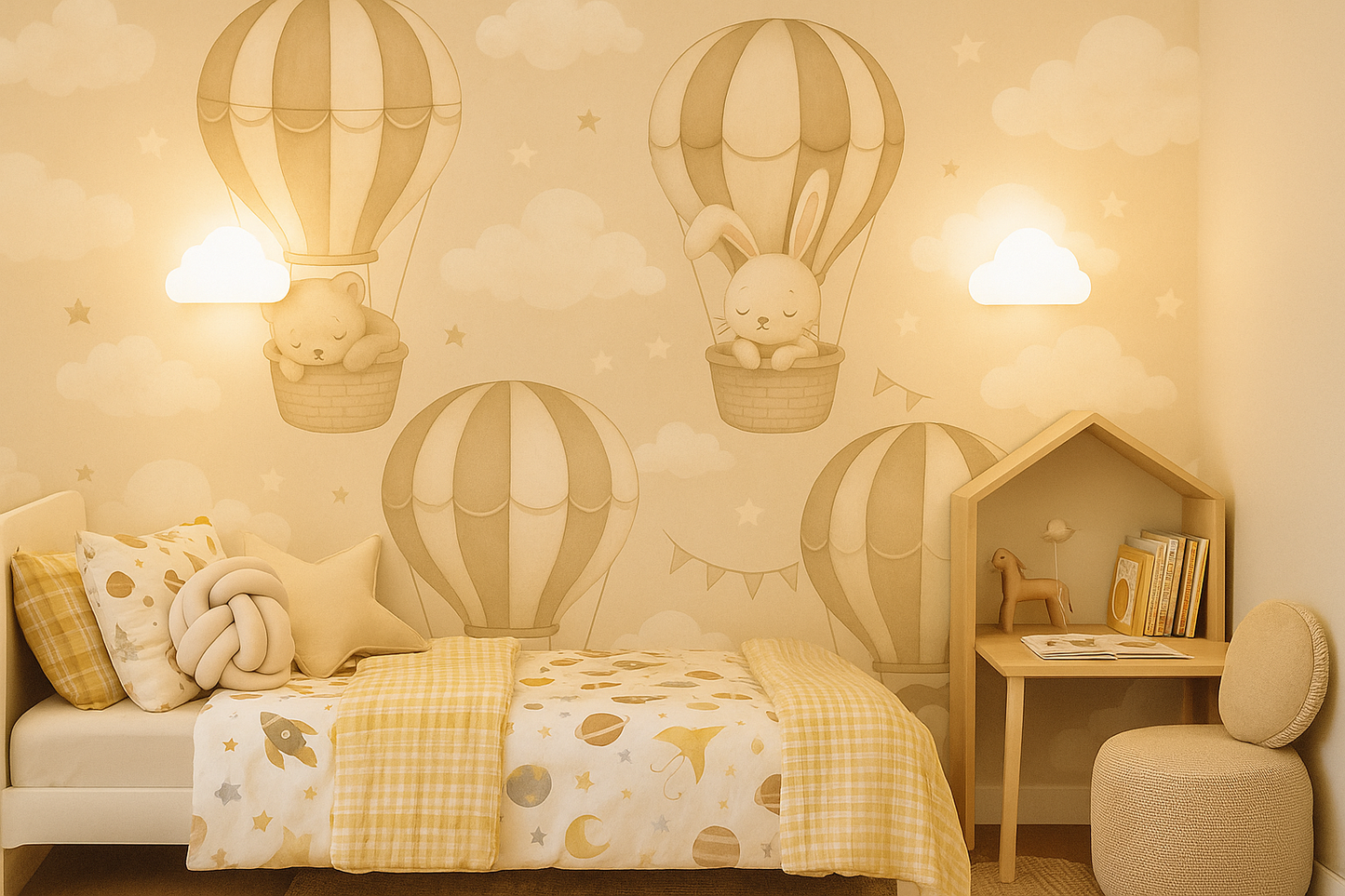 Children's bedroom with hot air balloon wall art and a bed.