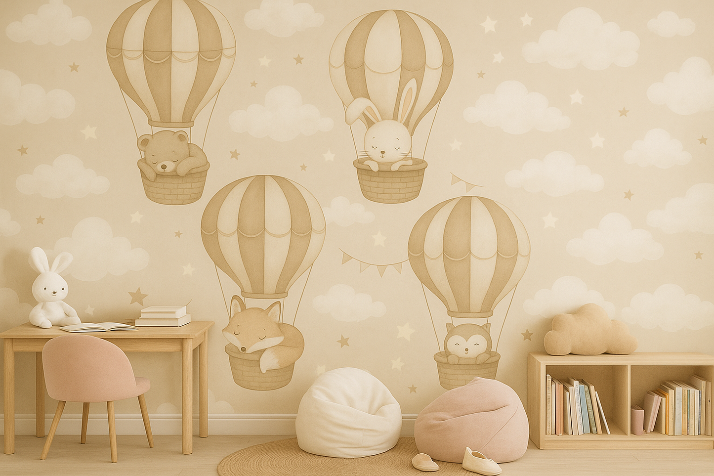 Children's room with wall mural of hot air balloons and animals, pink chair, and bookshelf.