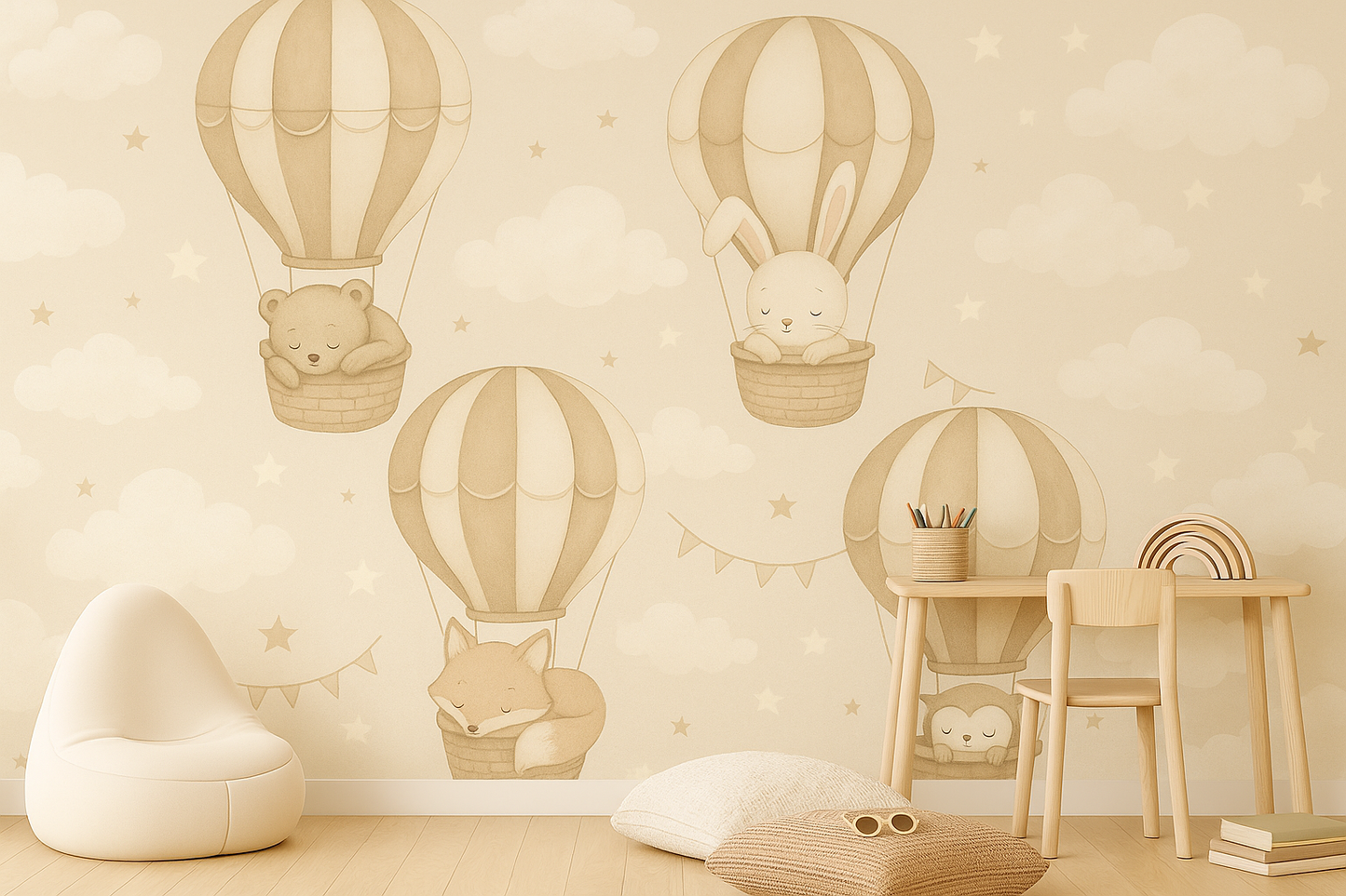 Children's room with wall mural of animals in hot air balloons.