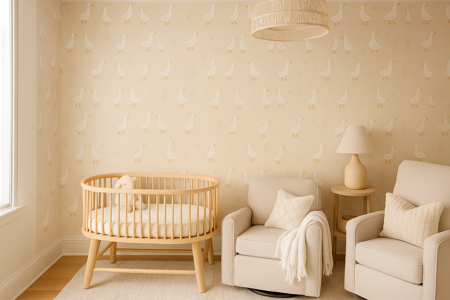 Pink Goose Wallpaper Mural – Scandinavian Nursery Design in Pink & White