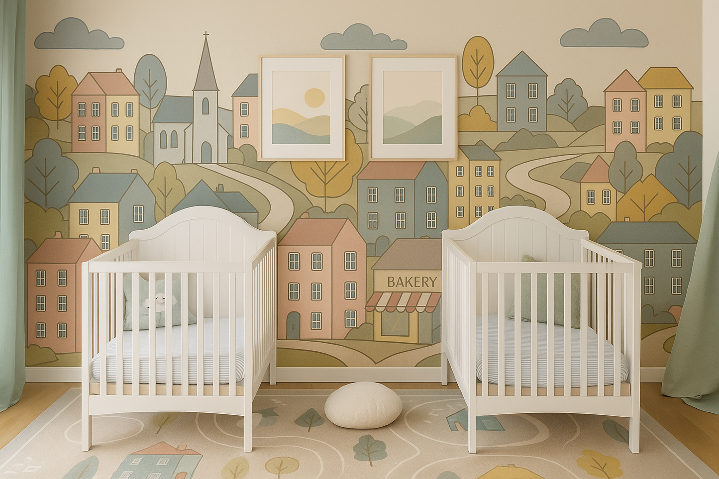 Scandi Cartoon Town Mural Wallpaper