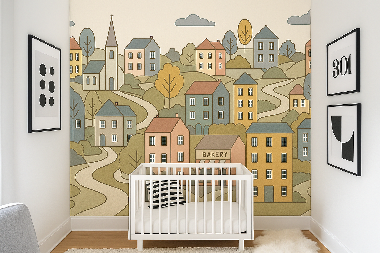 Scandi Cartoon Town Mural Wallpaper