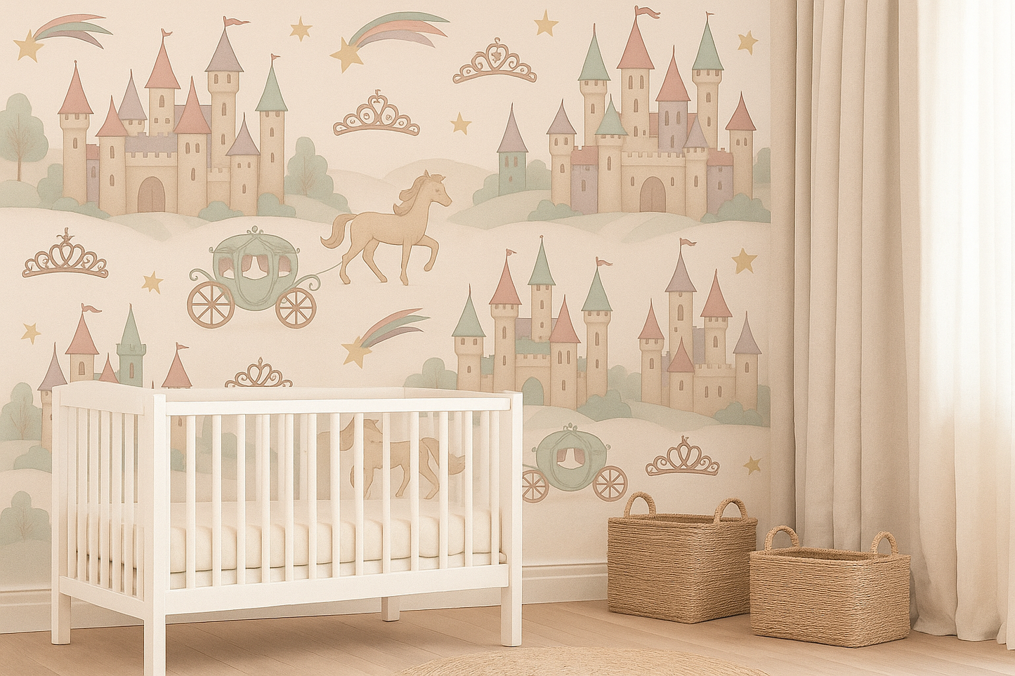 Princess Castle Nursery Mural – Fairytale Pastel Wallpaper for Girls