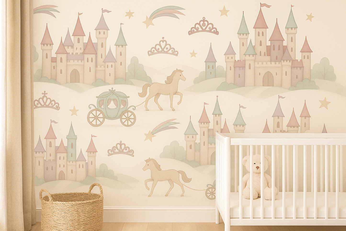 Princess Castle Nursery Mural – Fairytale Pastel Wallpaper for Girls