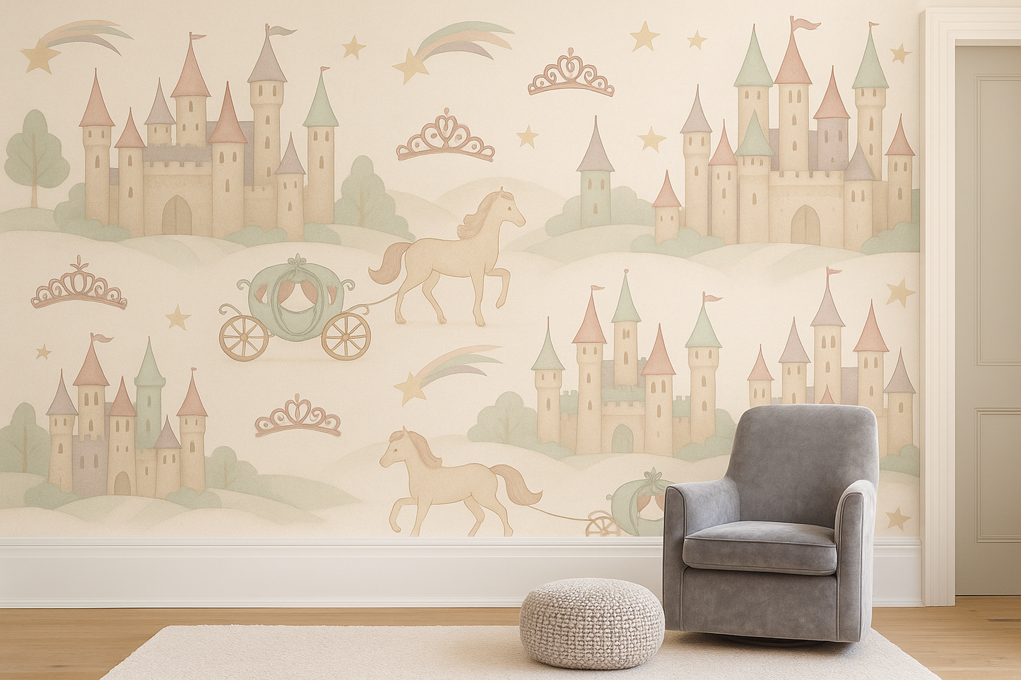 Princess Castle Nursery Mural – Fairytale Pastel Wallpaper for Girls