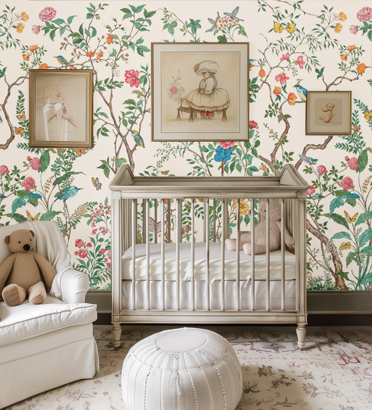 Neutral Floral Wildlife Mural Wallpaper