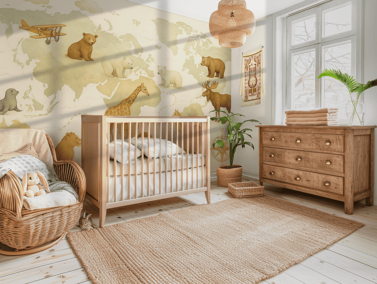 Nursery room with wooden crib, dresser, and wall mural of animals.