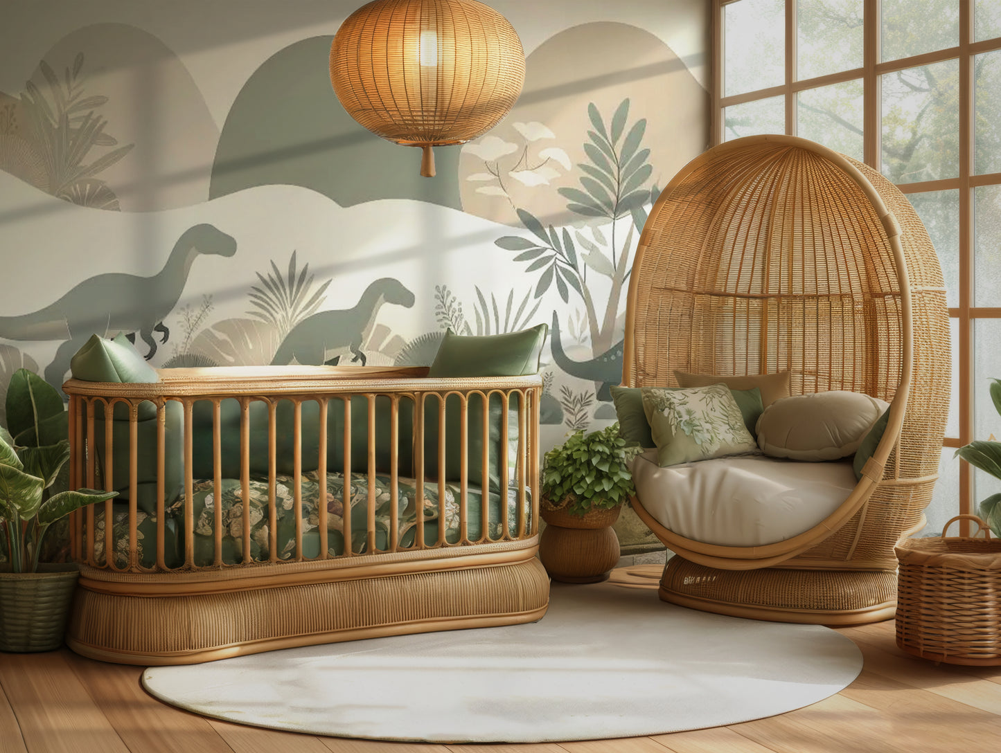 Nursery styled with Muted Hills Dinosaur Mural on feature wall, natural wooden crib, jute rug, woven baskets, and soft neutral lighting.