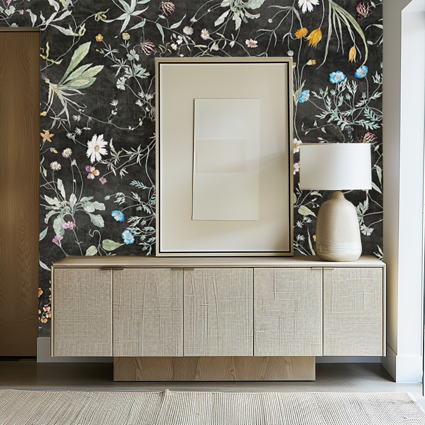 Midnight Black Floral Greenery Paradise Mural