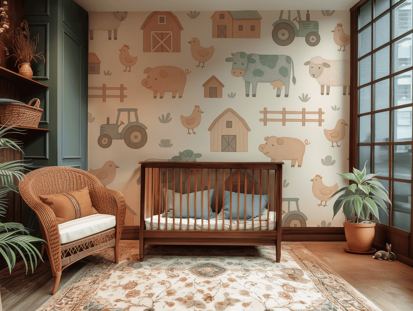 Nursery room with wooden crib, wicker chair, and farm-themed wallpaper.