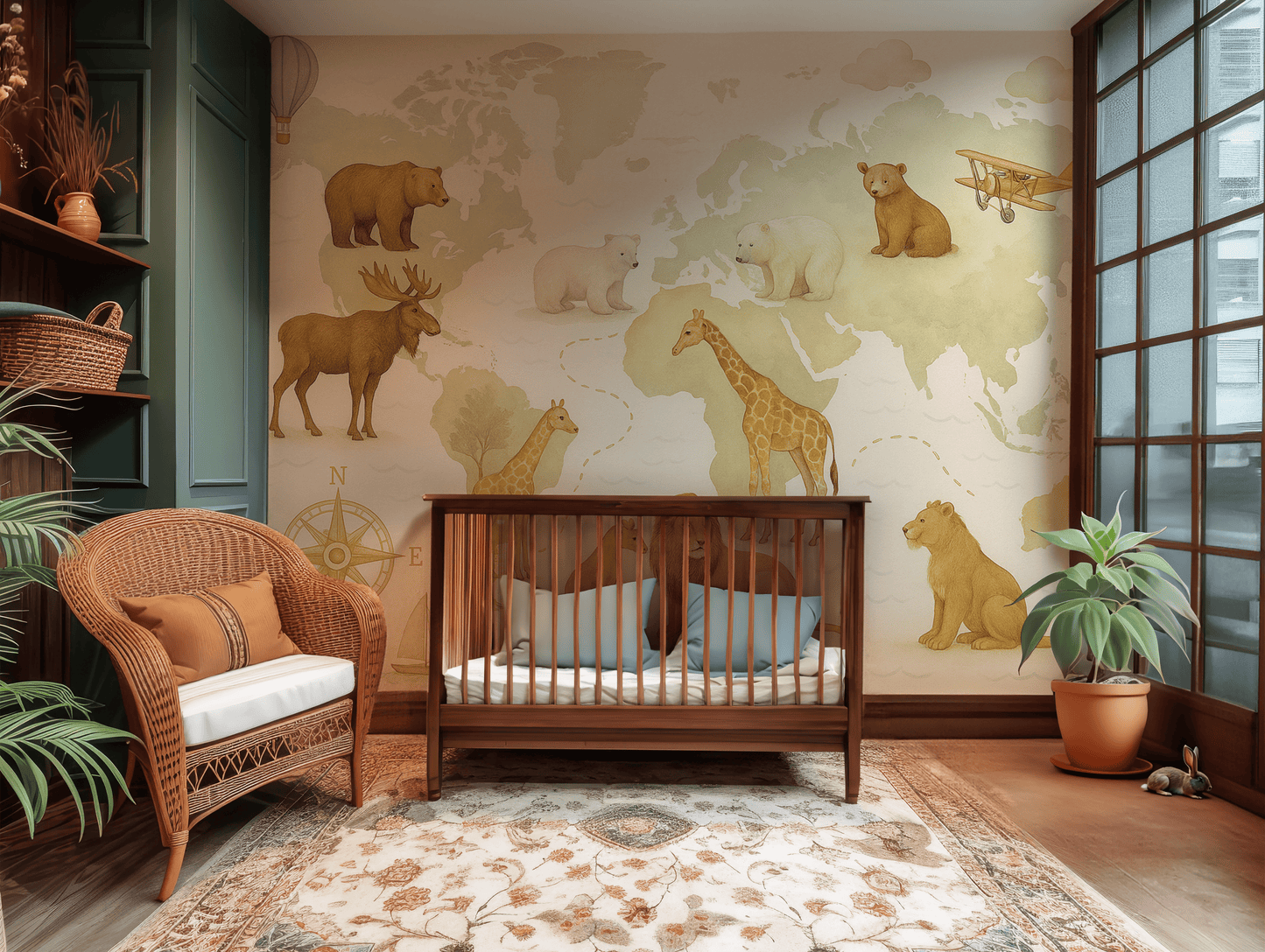 World Map Animal Mural Wallpaper – Safari Animals for Nursery or Kids Room