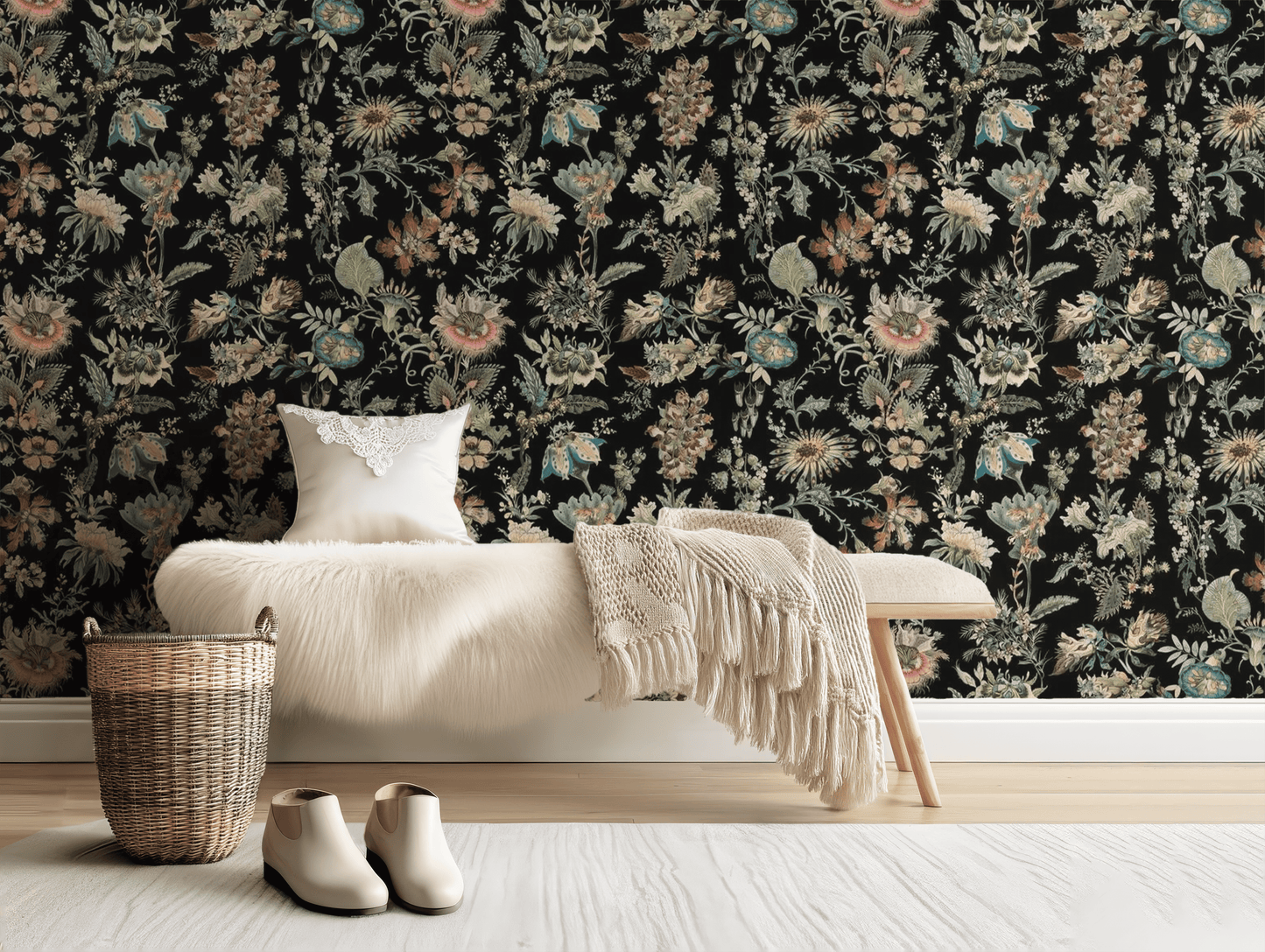 Vintage Black Flowers Mural