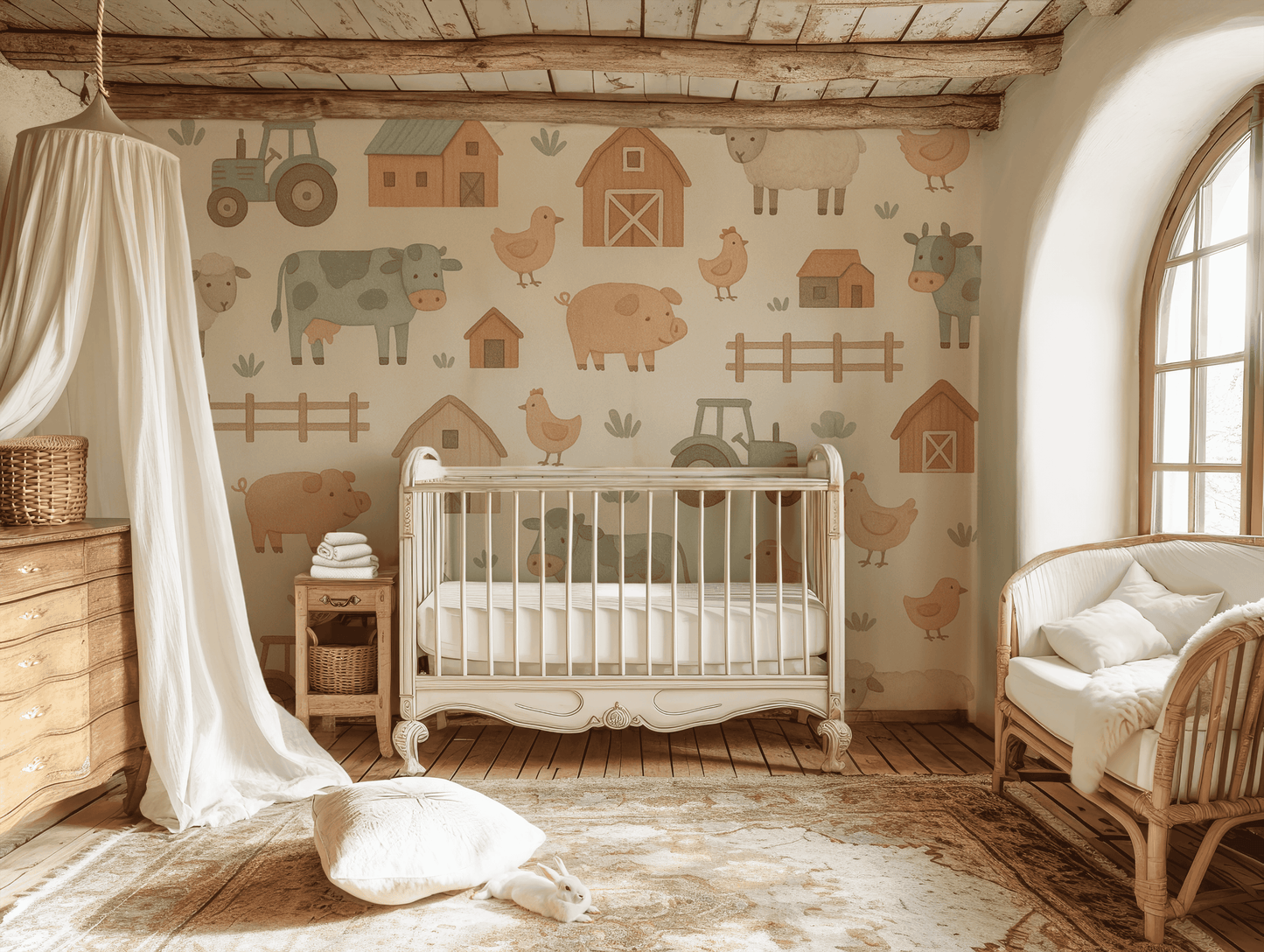 Nursery room with crib, wallpaper featuring farm animals, and wooden floor.
