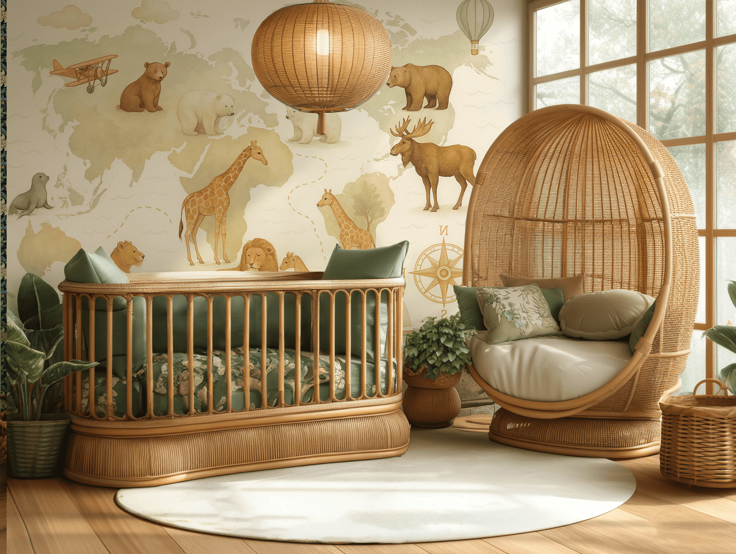 Wooden crib and chair in a room with animal-themed wallpaper