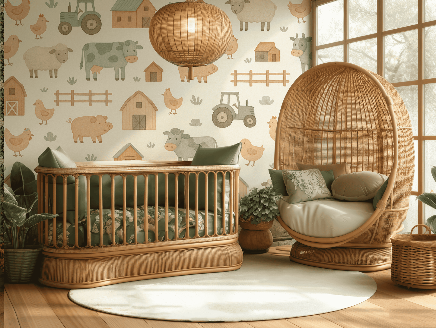 Nursery room with wooden crib, round wicker chair, and farm-themed wallpaper.