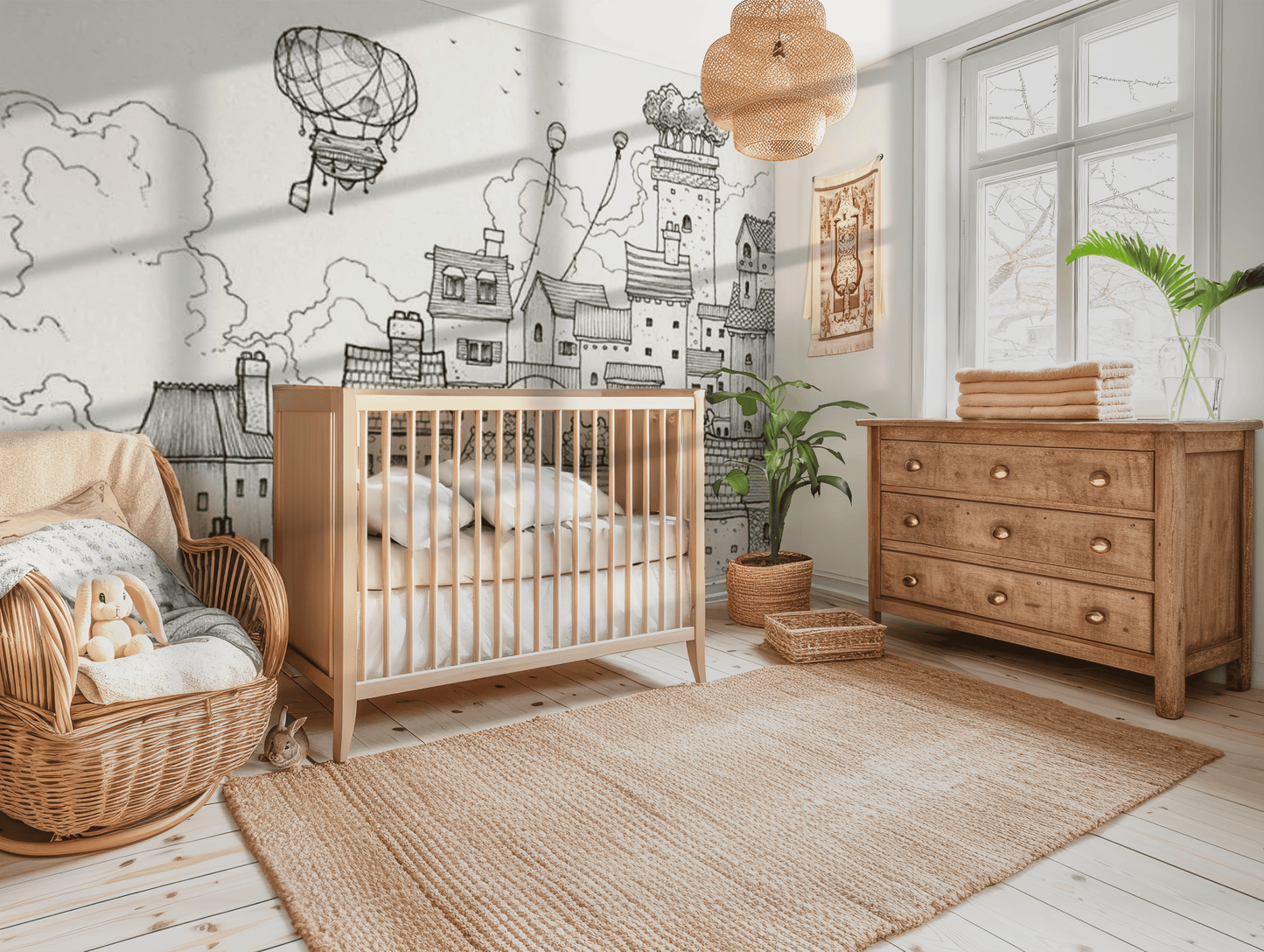 A children's room with a wooden crib, dresser, and chair, featuring a monochrome wall mural of a cityscape on the wall.
