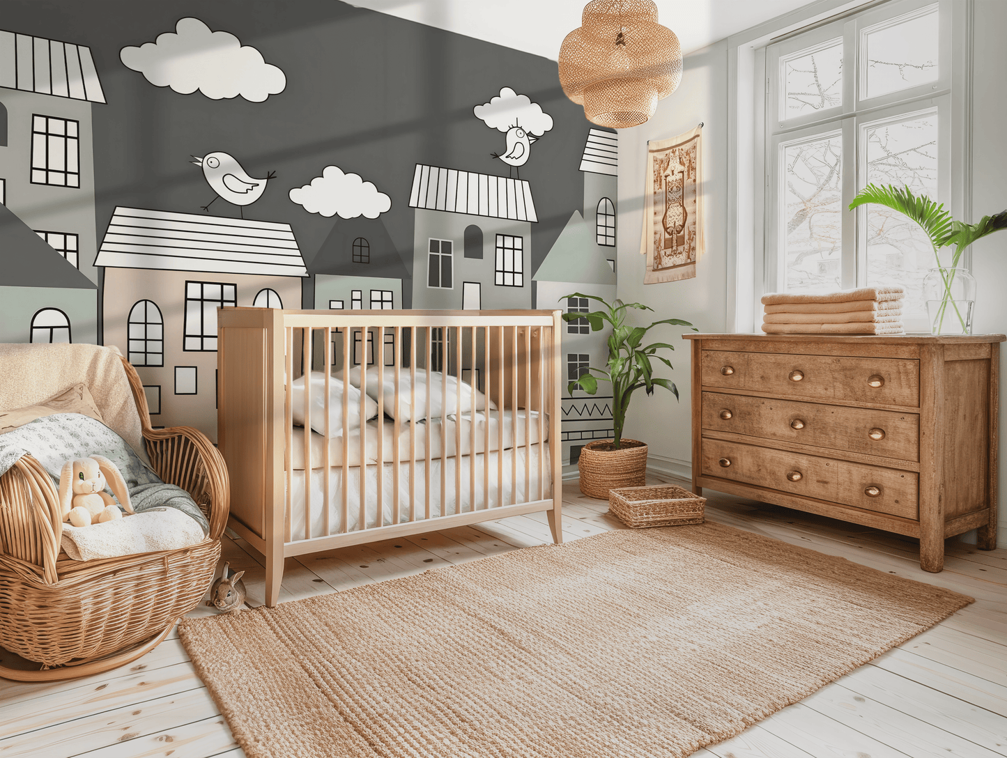 Boys Mini Town Mural – Monochrome Cityscape Kids Wallpaper