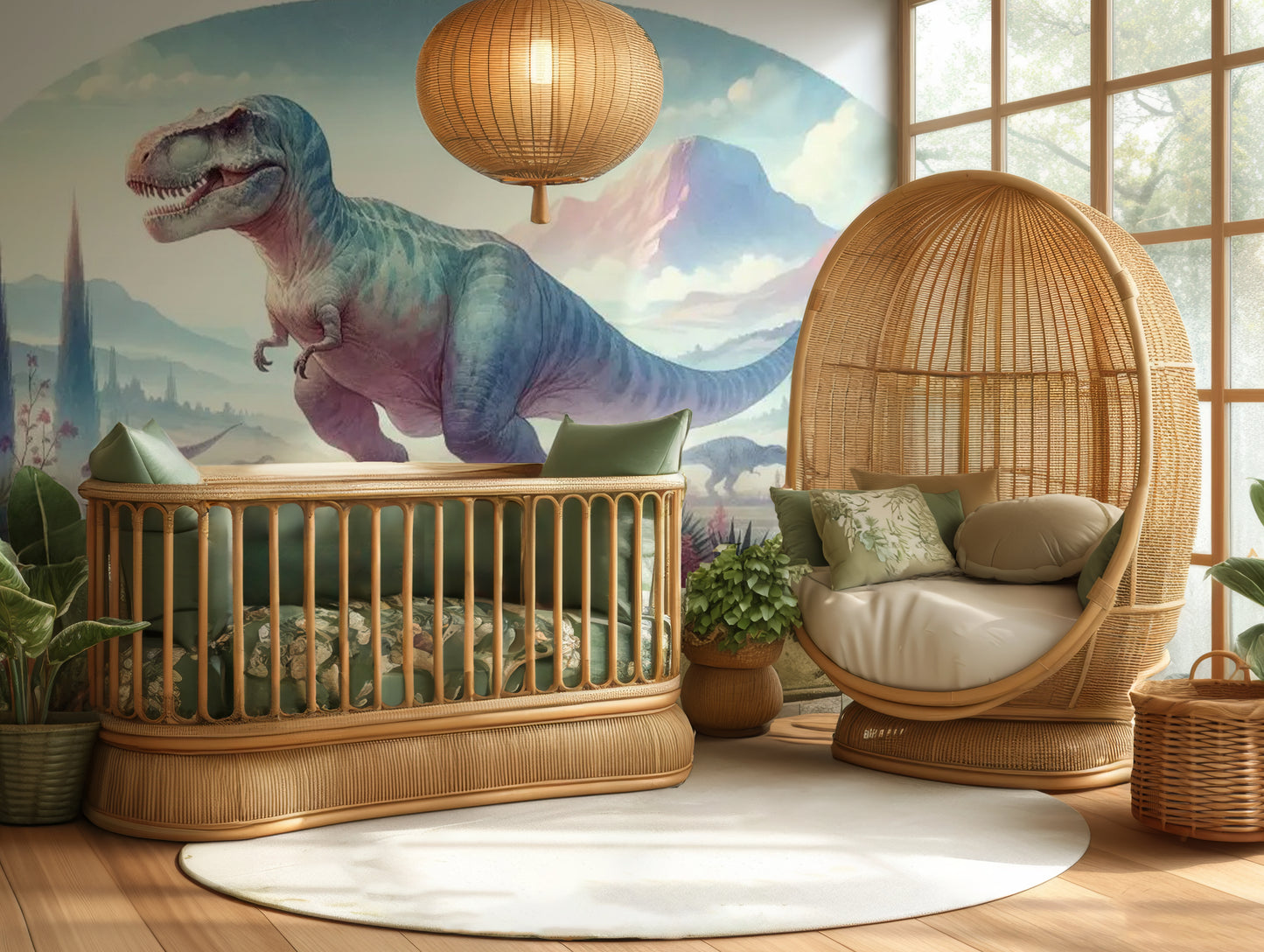 Detailed close-up of T-Rex mural wallpaper texture showing vivid colours and sharp dinosaur scales.