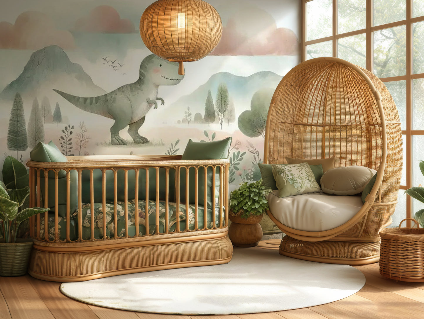 Kids bedroom styled with T-Rex dinosaur mural on feature wall, wooden bed frame, neutral decor, soft lighting, and playful accessories.