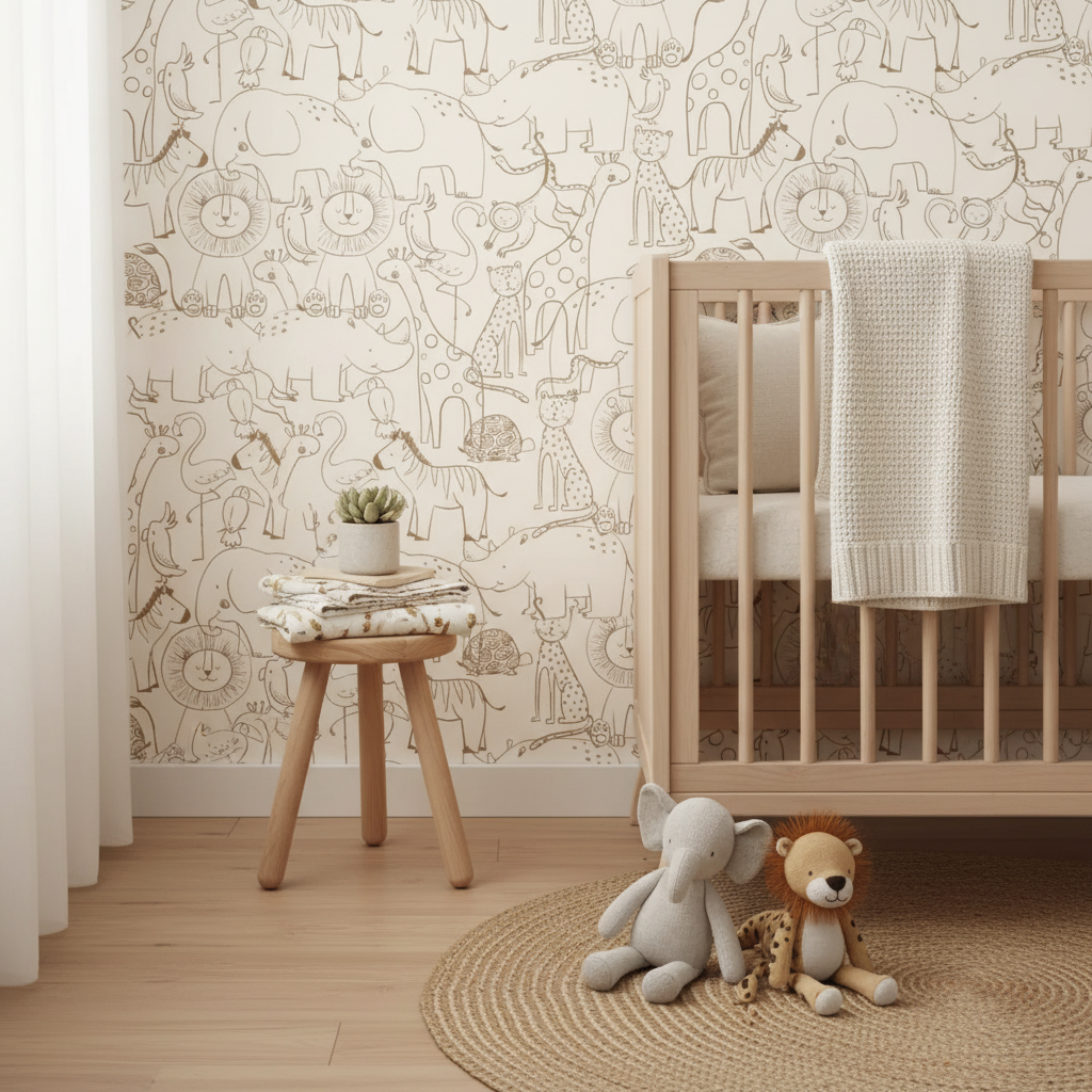 Neutral Safari Beige Animal Children's Wallpaper