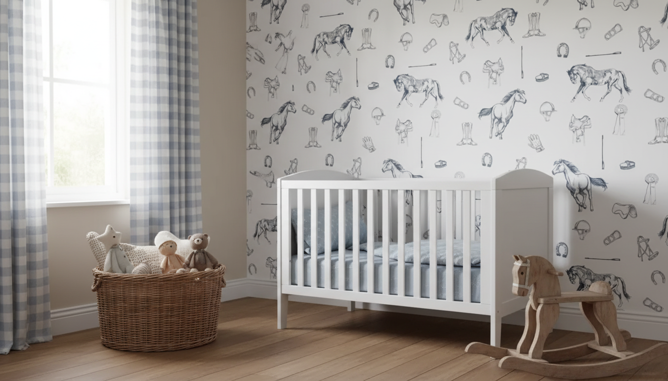 Children's room with a crib, toys, and horse-themed wallpaper.