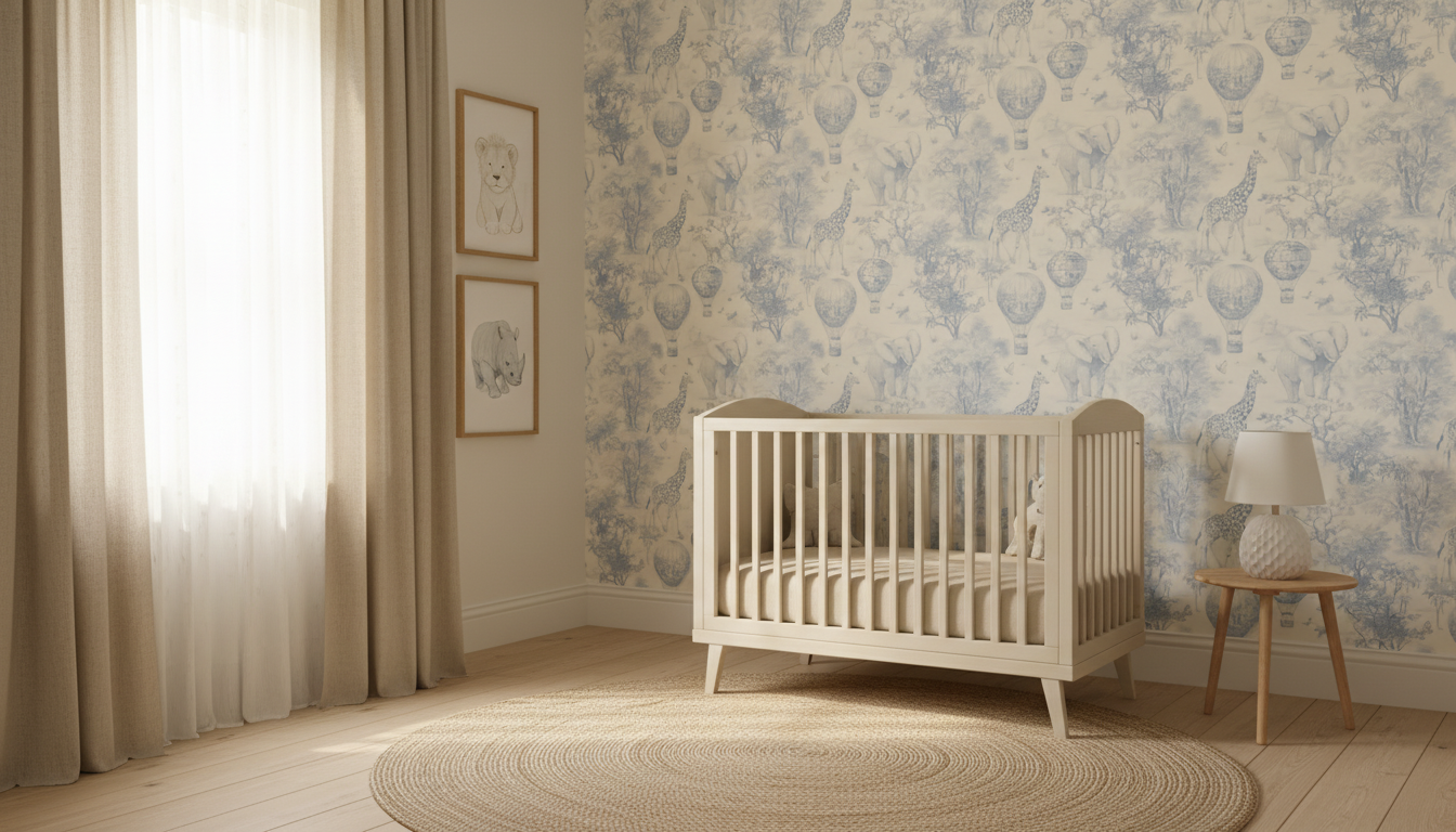 Vintage Blue Safari Toile Nursery Wallpaper