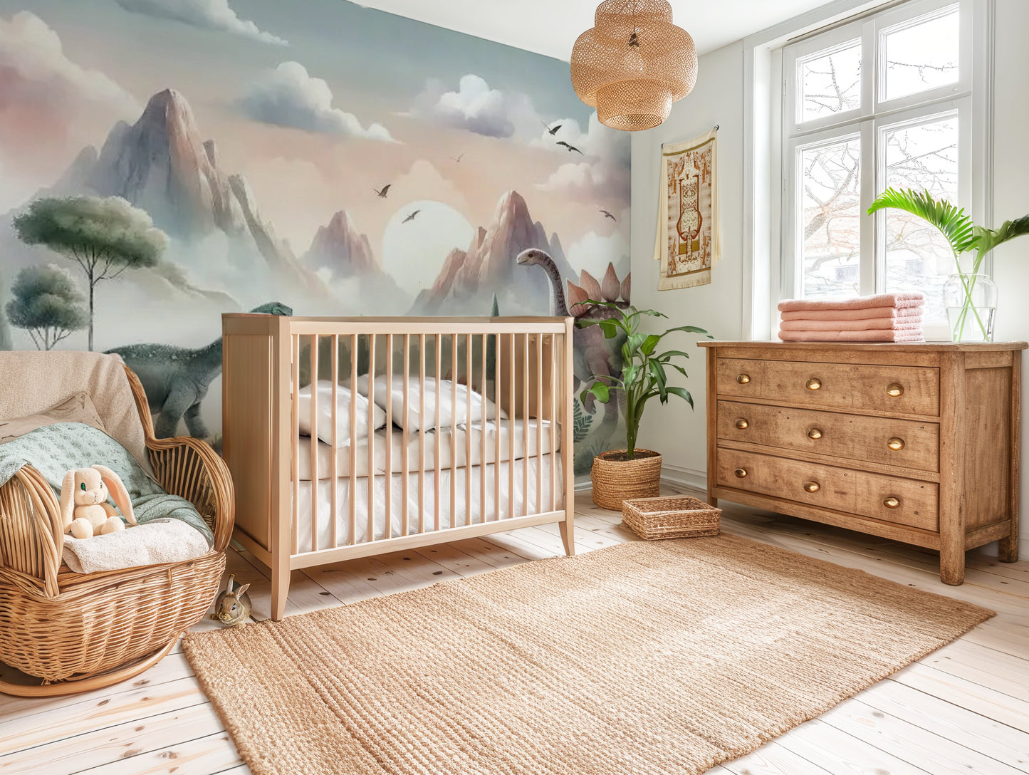 Nursery styled with Sunrise Ridge Dinosaur Mural on feature wall, oak crib, jute rug, and natural lighting.