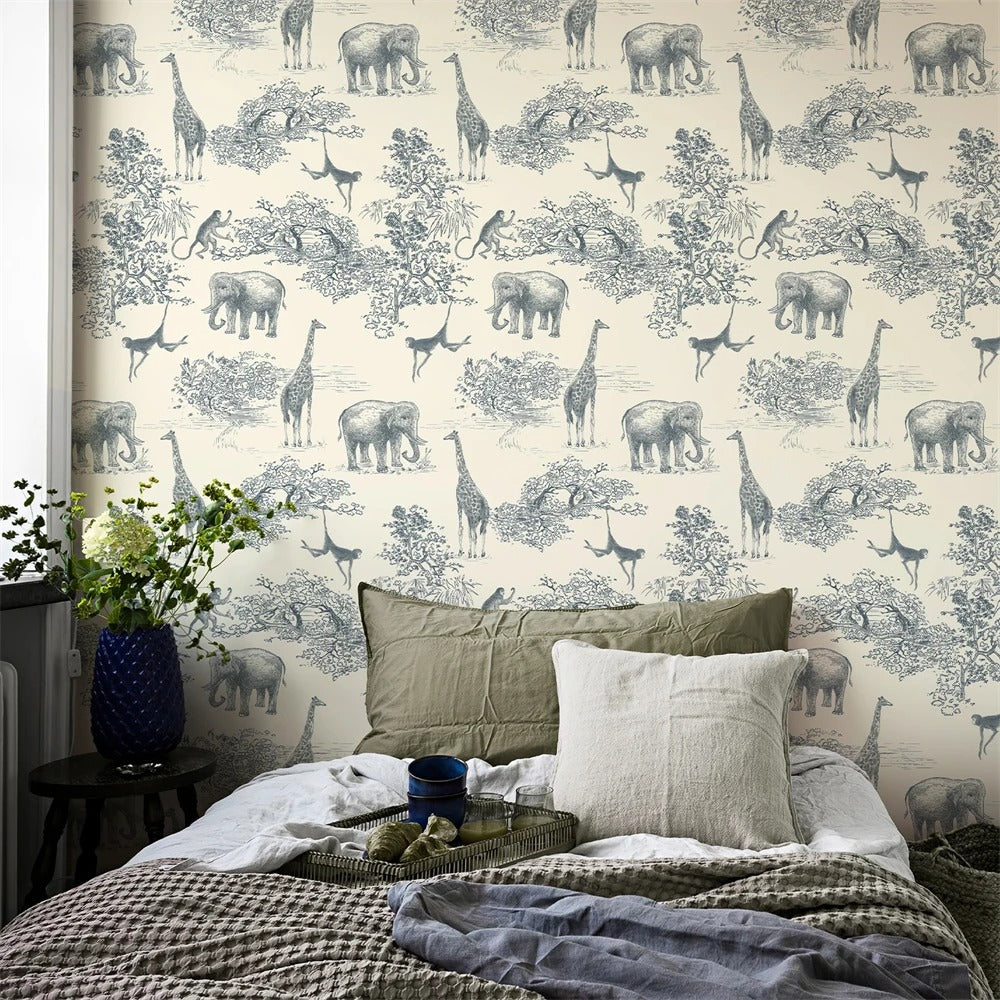 Navy and White Classic Safari Animals Wallpaper