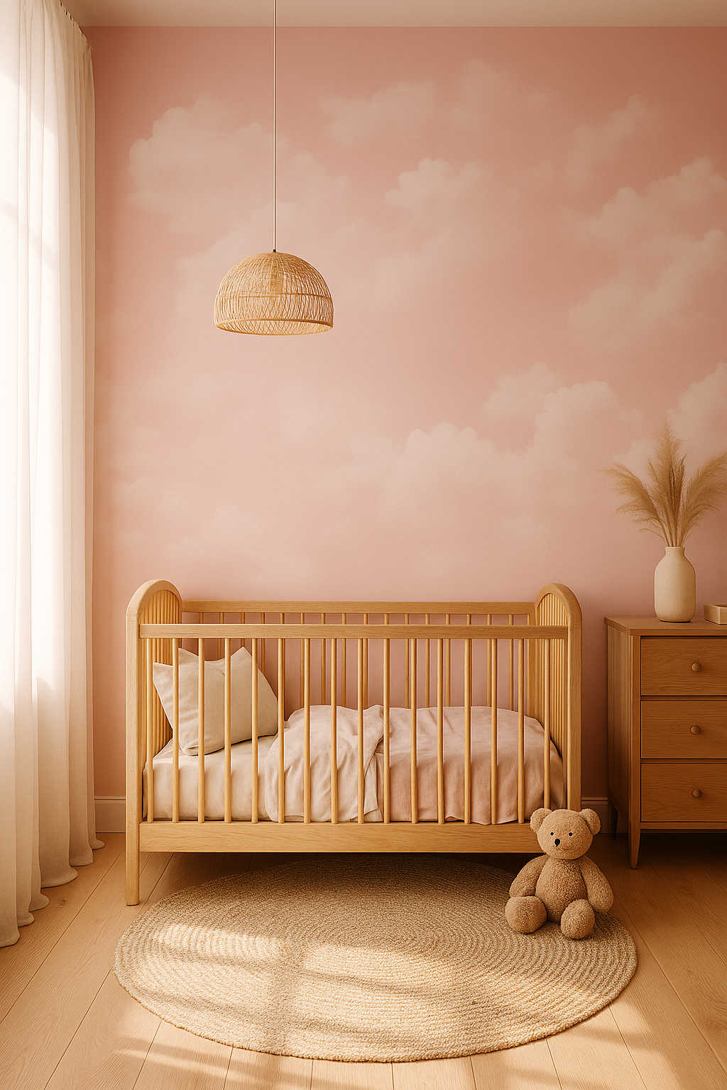 Pink clouds mural wallpaper with soft pastel sky design, custom-sized feature wall mural for nursery, bedroom, or playroom decor. Removable peel and stick or traditional wallpaper options available from Simply Murals.