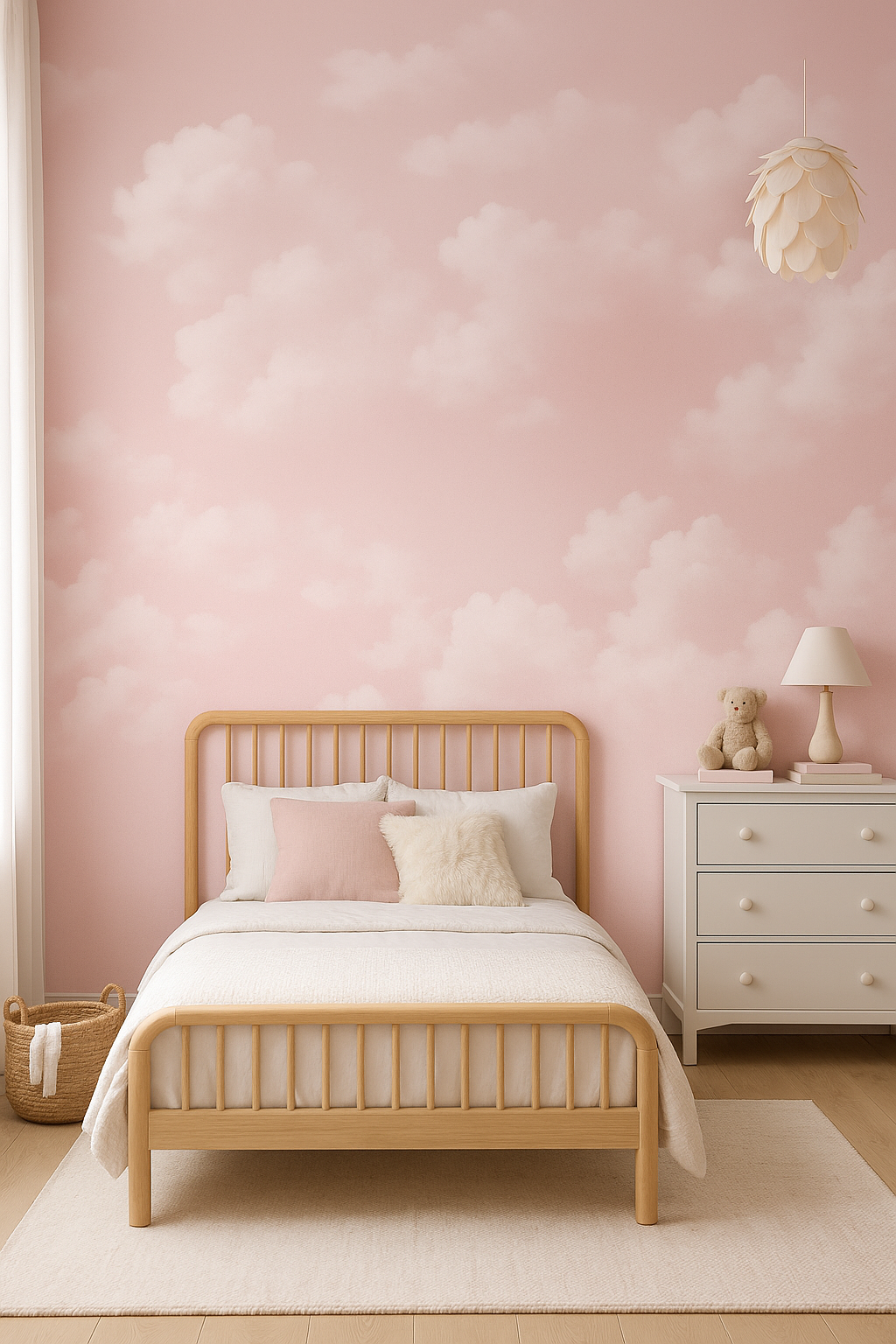 Pink clouds mural wallpaper with soft pastel sky design, custom-sized feature wall mural for nursery, bedroom, or playroom decor. Removable peel and stick or traditional wallpaper options available from Simply Murals.