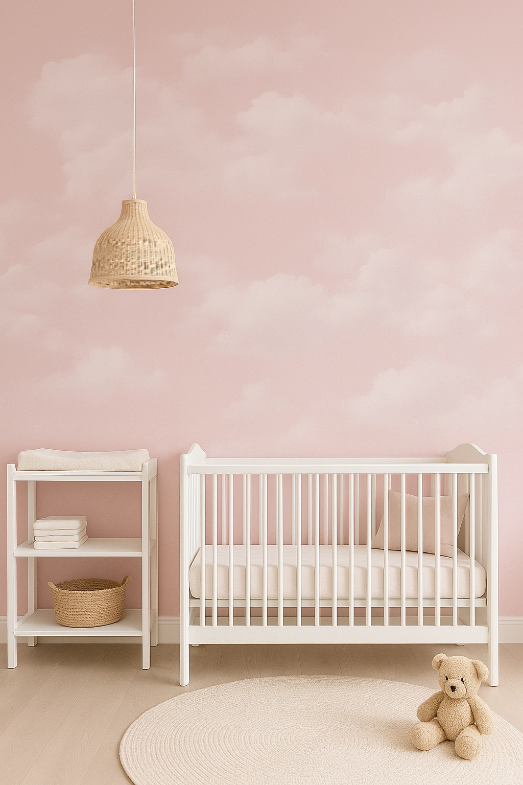 Pink clouds mural wallpaper with soft pastel sky design, custom-sized feature wall mural for nursery, bedroom, or playroom decor. Removable peel and stick or traditional wallpaper options available from Simply Murals.