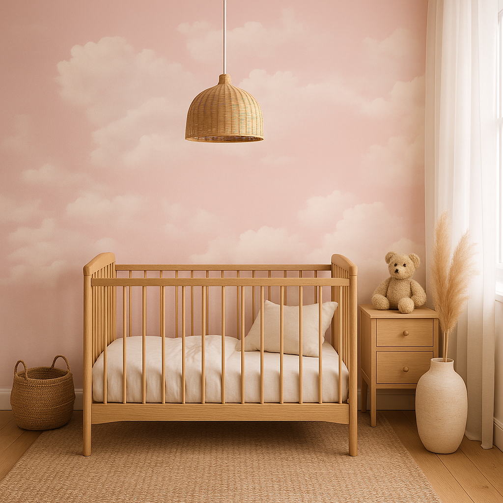 Pink clouds mural wallpaper with soft pastel sky design, custom-sized feature wall mural for nursery, bedroom, or playroom decor. Removable peel and stick or traditional wallpaper options available from Simply Murals.