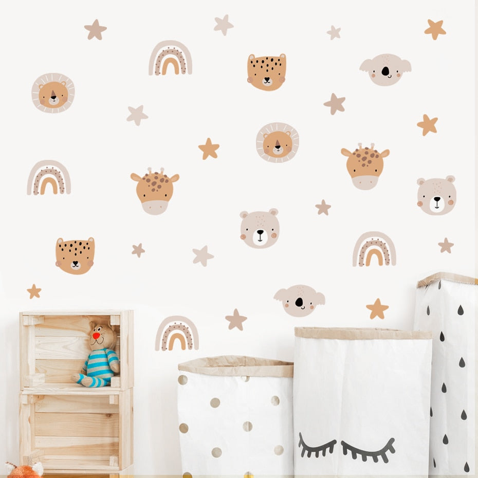 Cartoon Boho Beige Rainbow and Zoo Animals Nursery Wall Decals