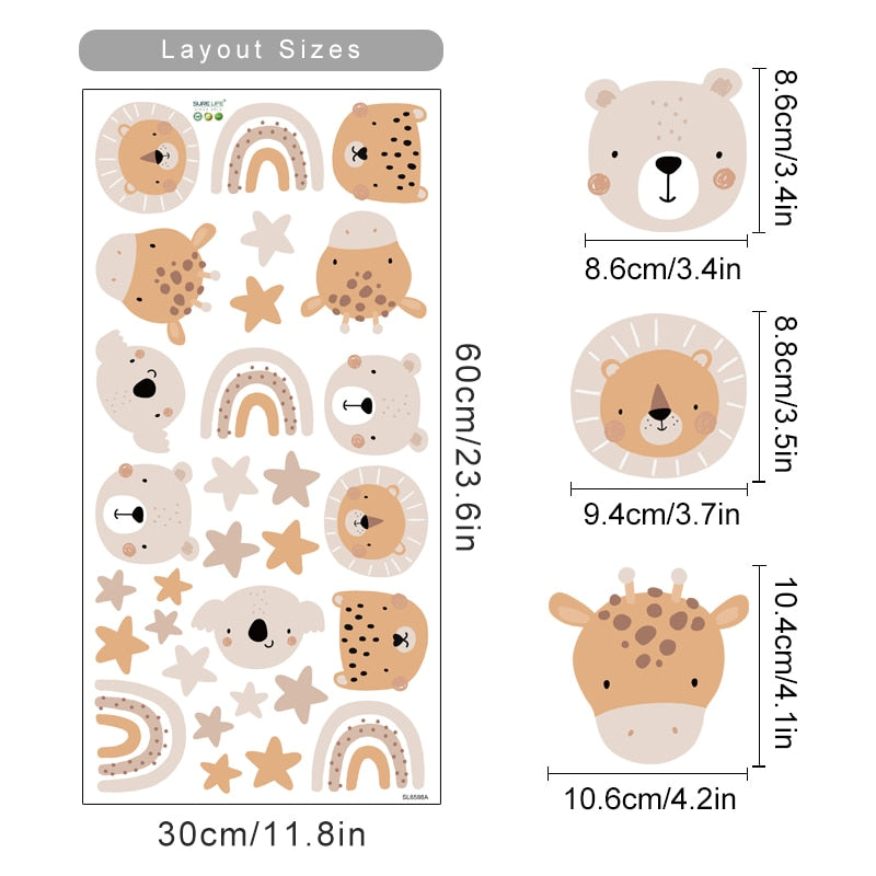 Cartoon Boho Beige Rainbow and Zoo Animals Nursery Wall Decals