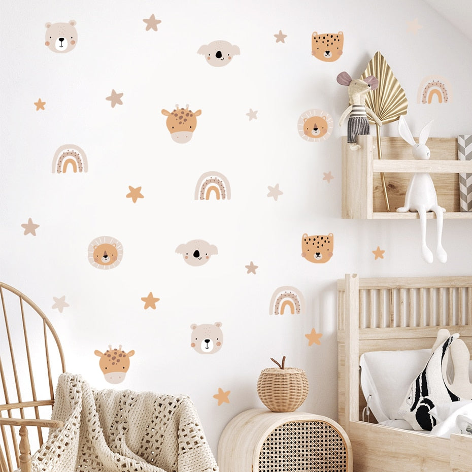 Cartoon Boho Beige Rainbow and Zoo Animals Nursery Wall Decals