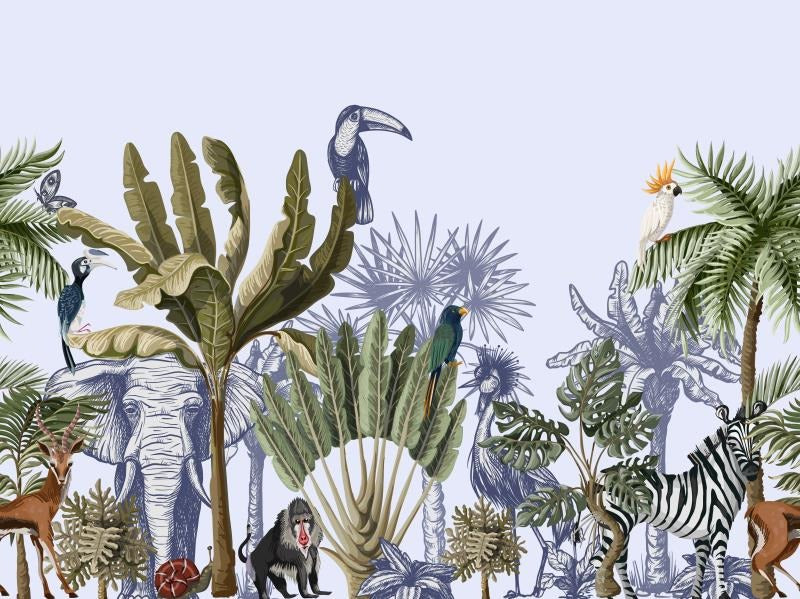 Relaxing Tropical Wilderness Jungle Mural wallpaper with lush green leaves and subtle wildlife, custom-sized for nurseries, bedrooms, or living rooms.