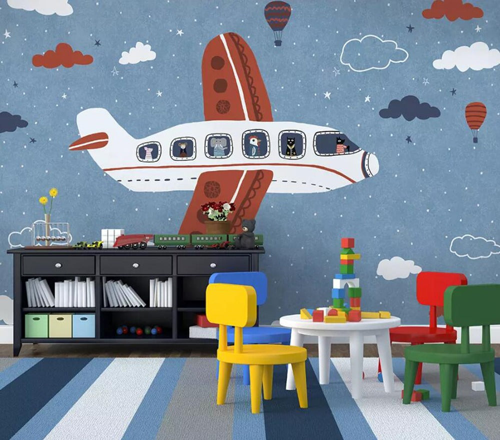 Cartoon Flying Animals Aeroplane Mural Wallpaper