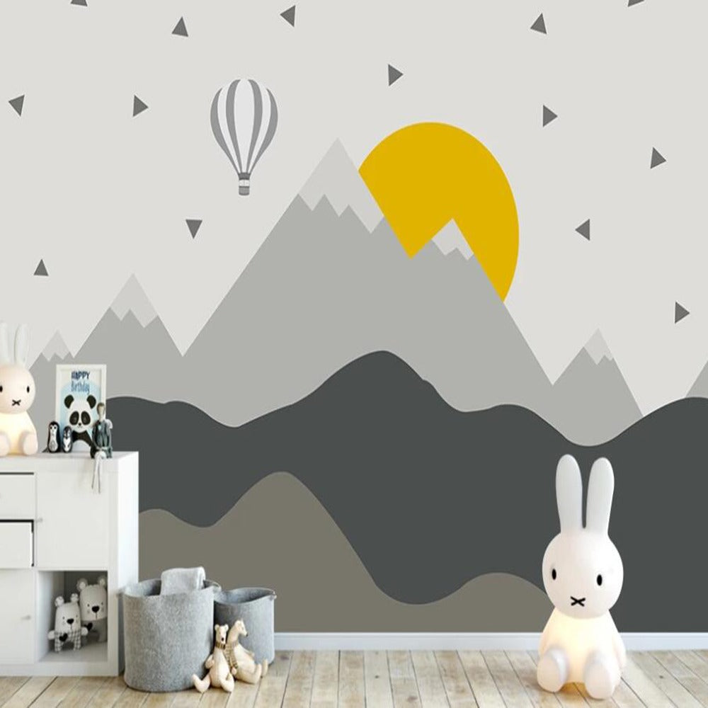 Geometric Sunset and Grey Mountain Skies Mural Wallpaper