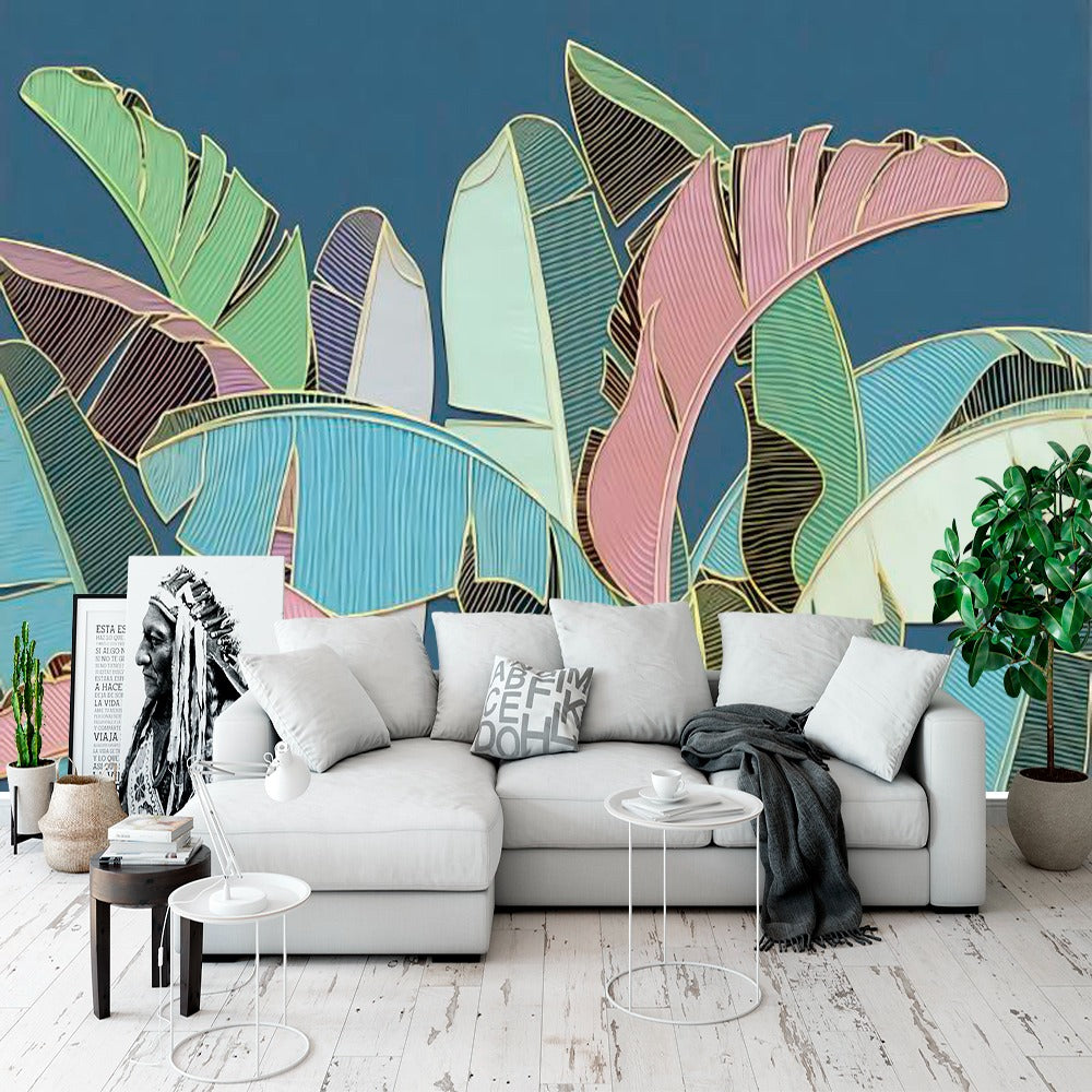 Nordic Navy Tropical Leaves Bedroom Mural