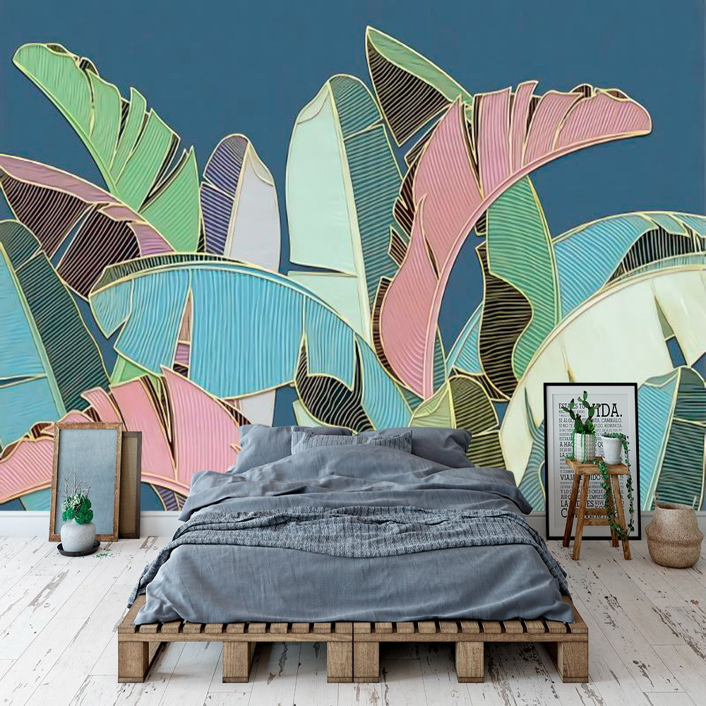 Nordic Navy Tropical Leaves Bedroom Mural