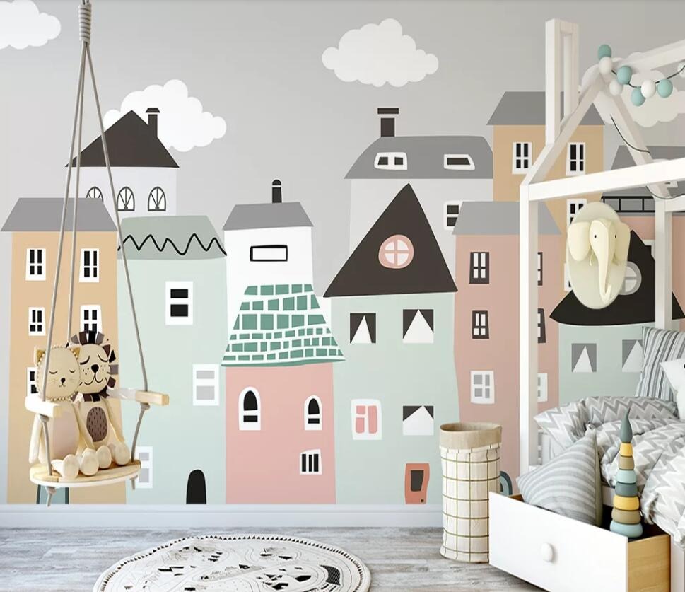 Cartoon Mini Coloured Town Children's Mural Wallpaper 26sqm