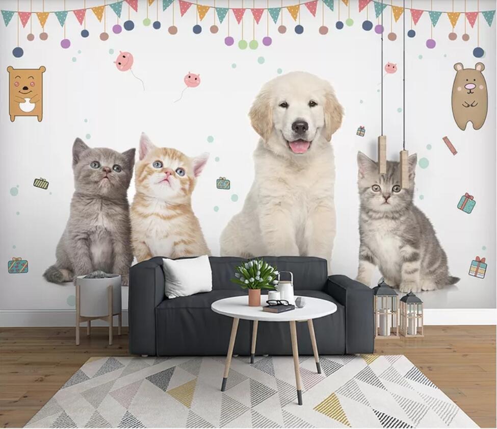 Kittens and Puppy Mural Wallpaper
