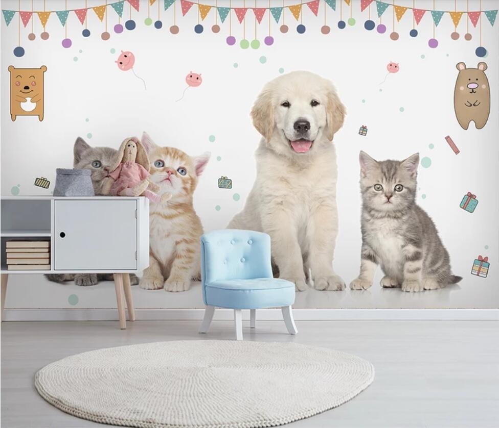 Kittens and Puppy Mural Wallpaper